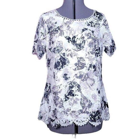 NWOT Isaac Mizrahi Live! Scoop Neck Floral Printed Lace Knit Top Sz S - Picture 1 of 14